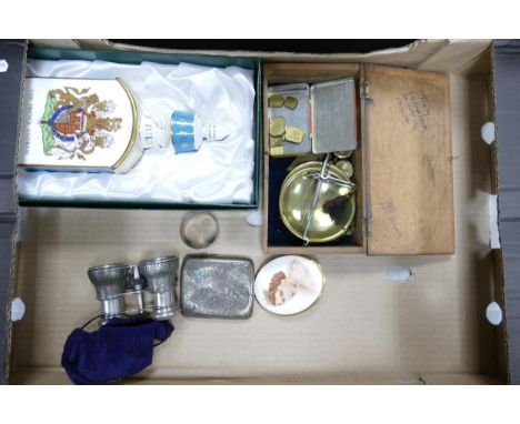 A mixed collection of items to include: Silver Cigarette case, vintage brass scales, Minton boxed commemorative decanter etc 