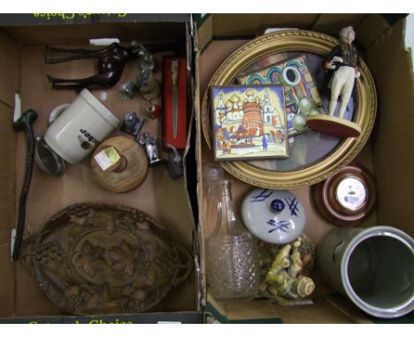 A mixed collection of items to include: 2 oval framed prints, carved wooden tray, Coalport resin figure, pewter figures etc (