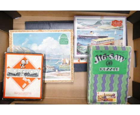 A collection of vintage games to include: GWR Railway theme Jigsaw similar Victory Plywood items, vintage Monopoly set etc 