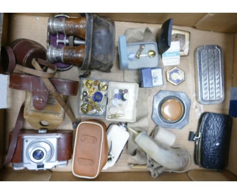 A mixed collection of items to include: Vintage Agfa Camera, WW11 era Binoculars, boxed Ronson lighter, badges etc 