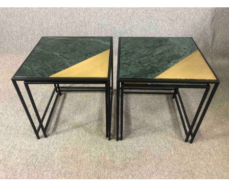 A pair of contemporary nests of lamp or occasional tables, each with marble and bronze tops on a metal frame. H.46 W.45 D.45c