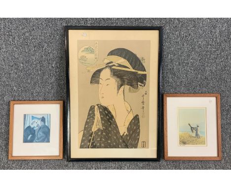 A vintage framed Japanese woodblock print along with two other framed and glazed prints. H.47 W.33cm. 