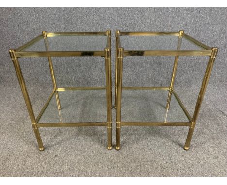 Lamp or occasional tables, a pair vintage style brass with plate glass tops and undertiers. H.56 W.39 D.39cm. 