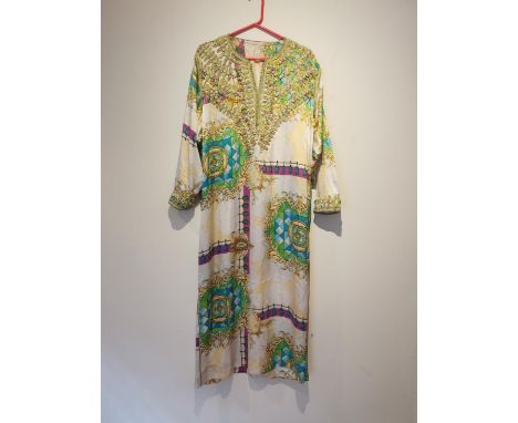 After Versace, a vintage cream, turquoise, purple, green and gold renaissance tennis racquet design silk Middle eastern bespo