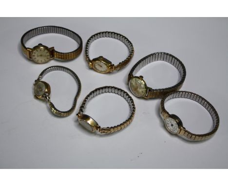 Six vintage ladies watches with expanding bracelets. Face. Dia. 2cm. (largest). 