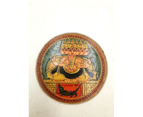 A 19th century mounted hand painted Ganjifa Indian playing card depicting the Goddess Laxmi with five faces and a crocodile. 