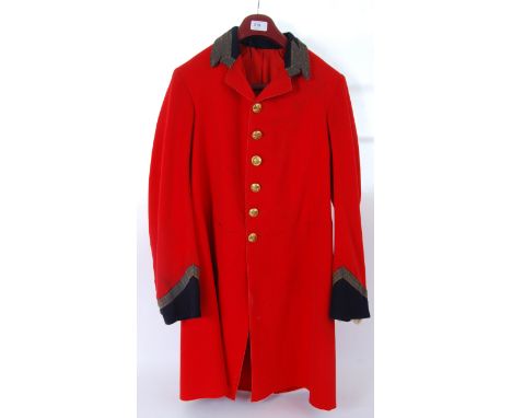 A vintage likely Edwardian / c1910 Chelsea Pensioners jacket. Red, with original brass buttons and decorated cuffs and collar
