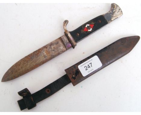 An original WWII Second World War era Third Reich Nazi Party Hitler Youth knife. With inset enamel swastika plaque to hand gr