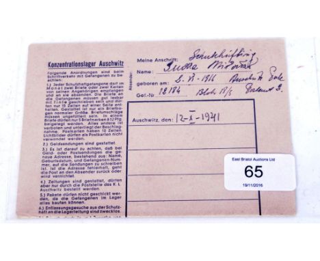 An original WWII Second World War era concentration camp letter written by a prison at Auschwitz. The folding letter hand wri
