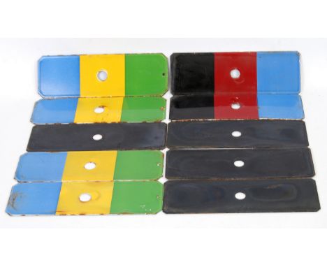  A set of Enamelled Railway Signal Metal Plates / Electrical Safety Plates. 3 are blue, green &amp; yellow, 2 are red blue &a