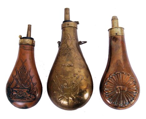 A good collection of 3x assorted antique / vintage powder flasks. All copper based, and each with a differing embossed design