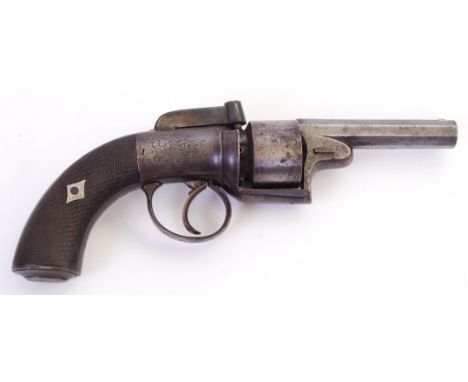 A 19th century transitional 6 shot .32 calibre percussion revolver pistol. The pistol foliate engraved, with nickel silver fr