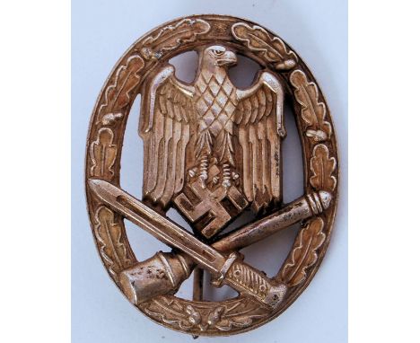 A original Second World War WWII Nazi Germany Third Reich Assault badge with bayonet &amp; grenade to base and Stuttgart make