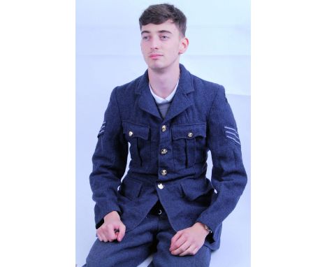 Two original vintage RAF Uniforms - both with buttons and patches, one with sergeants stripes. One uniform illustrated. Both 