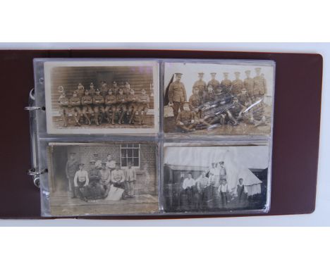 A very good First World War WWI album of real photo regimental postcards. Mostly group shots, some single shots. Mixture of u