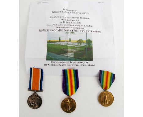An original First World War WWI medal group belonging to two brothers. The first brother being 35087 Stanley Frank King, the 