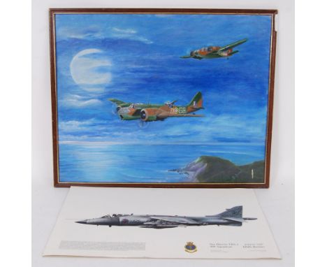 A vintage Signed Oil on Board of 2 RAF Bristol Beaufighters, framed but unglazed, 20”/51cm by 16”/40cm; Squadron Print 'Sea H