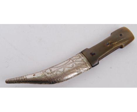 A mid-century Syrian origin Jambiya dagger knife. Within the original white metal scabbard. c1940's. Horn handled. 25cm long 