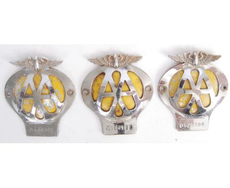 A collection of 3x original vintage AA car association members badges. All chrome with yellow plates to centre.  POSTAGE: Wor