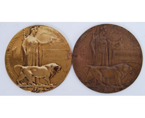Two original First World War WWI Death memorial plaques ' pennies ' - the first awarded to a Thomas Sweet, the second to Albe