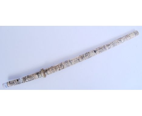 A 19th century oriental Japanese bone carved Katana sword. The scabbard and tang carved profusely with traditional oriental s