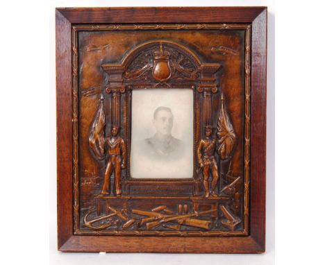 A vintage First World War WWI period oak carved photograph frame. Carved ' For King &amp; Country ' to top. Featuring a CDV b