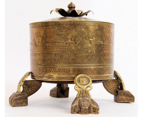 An original WWII era Second World War 1943 HMS Hamilcar brass shell trench art style tobacco jar. Standing on four shaped bra