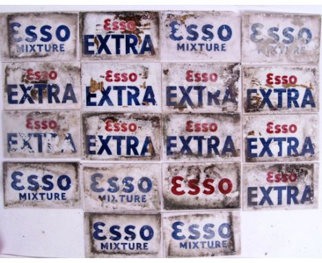 A collection of 18x original vintage Milk Glass petrol pump signs. All 13x21. Esso Mixture, Extra etc.Some with marks, cracks