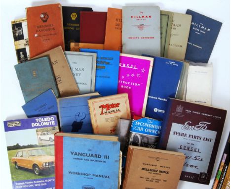 A large collection of assorted vintage / classic car automotive manuals to include Toledo Dolomite, Vanguard, Hillman Minx et