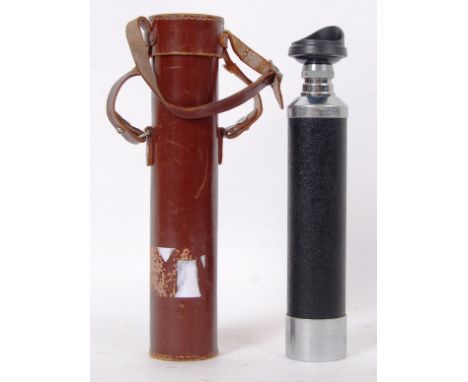 A vintage leather cased monocular telescope, with rubber eye piece by Hertel &amp; Reuss. 15x40. Fully extending, with origin