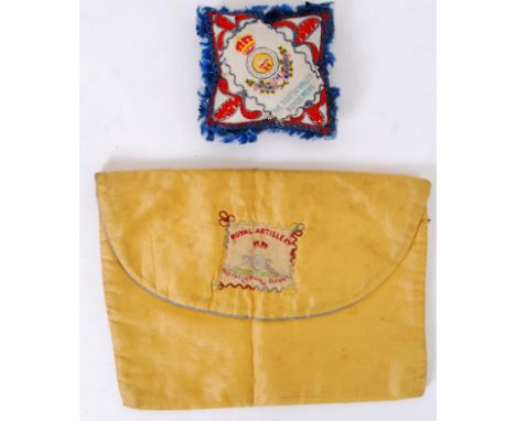 Sweetheart cushion for South Wales Borders, along with a WWI Royal Artillery pyjama case.   POSTAGE: Worldwide postage / deli
