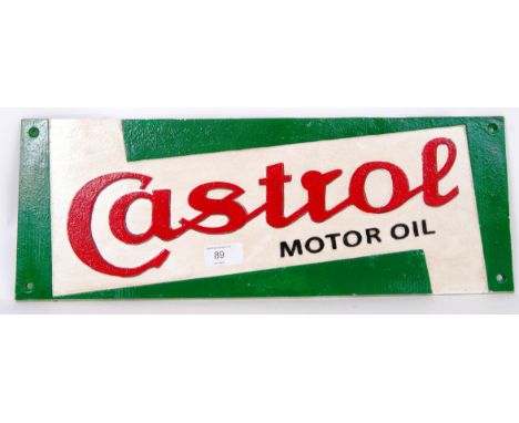 A vintage style, 20th century cast iron Castrol motor oil wall plaque. 49cm long.  POSTAGE: Worldwide postage / delivery avai