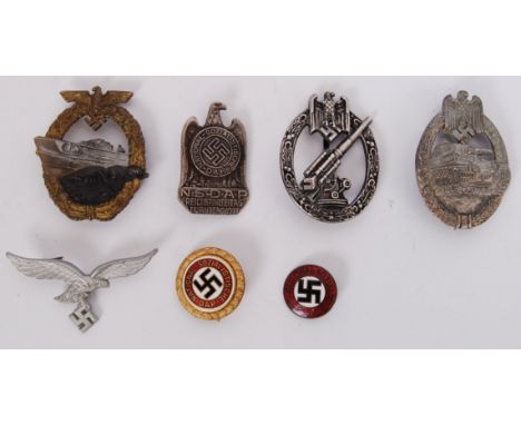 A collection of assorted reproduction / replica Nazi Third Reich badges to include Panzer Tank, Luftwaffe, general party badg