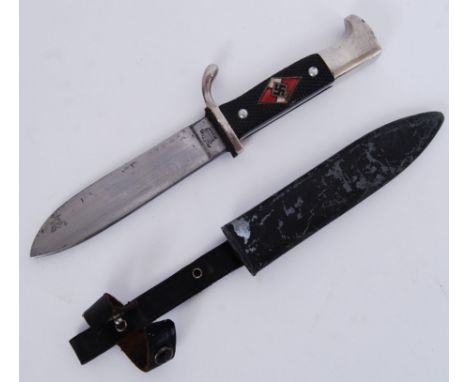 An unusual rare believed original period 1940's Hitler Youth knife, of smaller form. 21cm long. With original scabbard. Possi