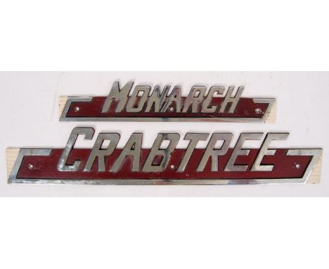 Two rare 1960's Crabtree Monarch printing machine name plates. Both chrome decorated with two tone painted details. Longest b