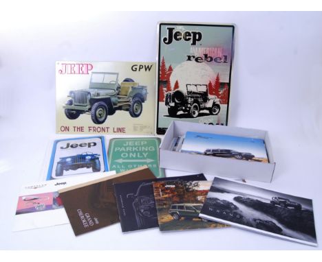 A collection of 4x vintage style tin / metal advertising signs, all related to Jeep vehicles. Along with a collection of asso