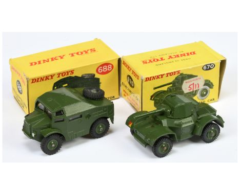Dinky pair of military cars to include (1) No.688 Field Artillery Tractor - later issue, military green body, plastic hubs, d