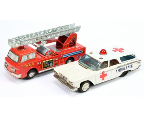 Japanese tinplate emergency vehicles x two including: (1) Ichiko Ambulance, MISSING back wheel hub cabs, 12"/31cm; (2) Yoneza