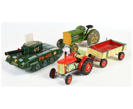 Tinplate Tank & Tractors x three including: (1) 410 Tank, made in West Germany, MISSING Key, 8"/20cm; (2) Mettoy (UK) tractor