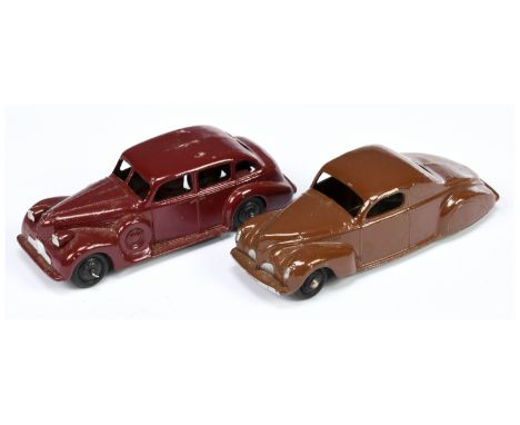 Dinky pair of Postwar cars - No.39c Lincoln Zephyr - dark brown with black ridged hubs, some light retouching on a rear wing 