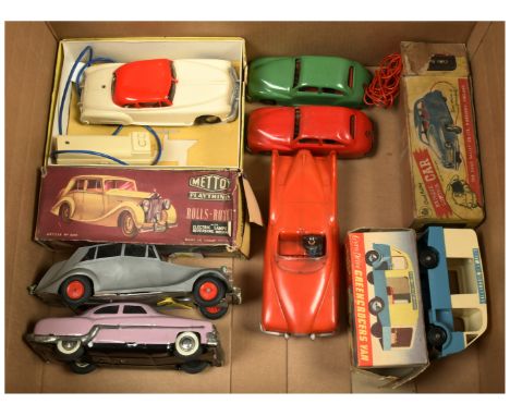 Tinplate &amp; Plastic cars x seven including: (1) &amp; (2) Chad Valley remote control car, red and green, one key , one Fai