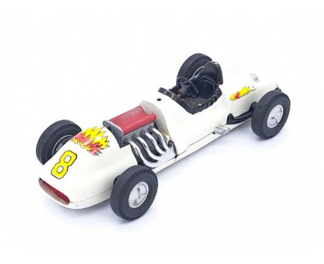 Marklin style race car, off white, decal details, racing number 8, steerable front wheels, missing windscreen, Good, 8.5"/22c