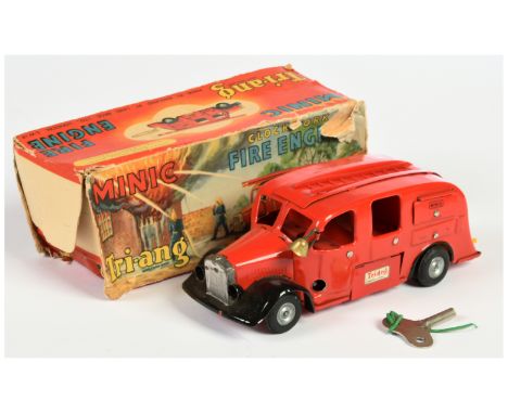 Triang Minic Clockwork Fire Engine, red, plastic ladders (damaged), black, with bell, key (replacement), untested, within Fai