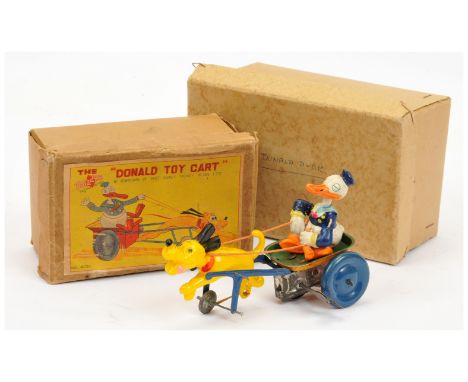 Paradise Toys (Japan) celluloid Donald Duck figure riding a tinplate clockwork cart pulled by celluloid Pluto, 1930's, with i