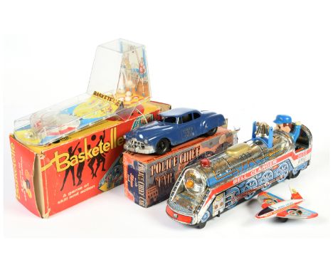 Tinplate novelties x four including: (1) Marx Police Chief Car, blue, friction powered, within Fair box, 9.5"/24cm; (2) Marx 