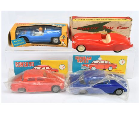 Hong Kong Plastic Cars x four including: (1) Empire made Plastic Toy Car, No. 331, red, friction powered, 5.5"/14cm; (2) Luck