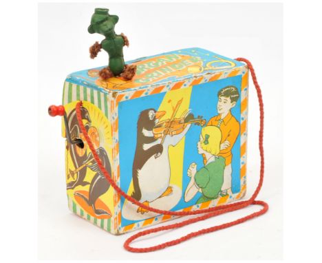 Selcol Organ Grinder, made in England, made of illustrated card, metal back, neck cord, musical with dancing monkey (untested