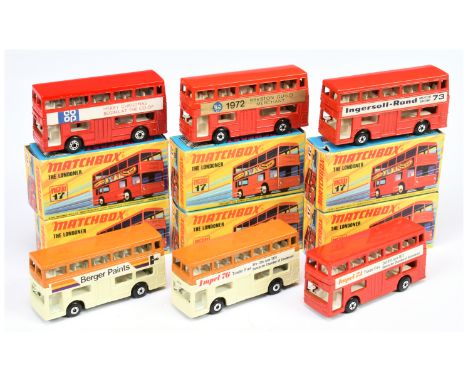 Matchbox Superfast group of 17b Daimler Fleetline buses - Including (1) two tone cream &amp; light brown "Impel76"; (2) two t