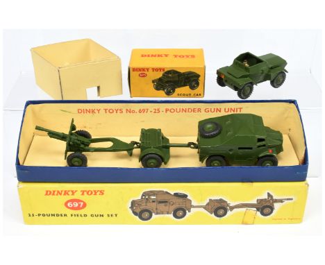 Dinky military 697 Field Gun Set including Quad Tractor, Ammunition Trailer and Field Gun; 673 Scout Car - green including ri