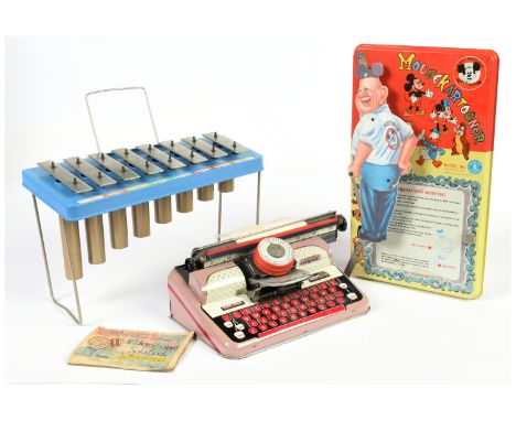 Tinplate novelties x three including: (1) Mattel tinplate Disney Mousekartooner; (2) Mettoy tinplate Elegant typewriter, unte